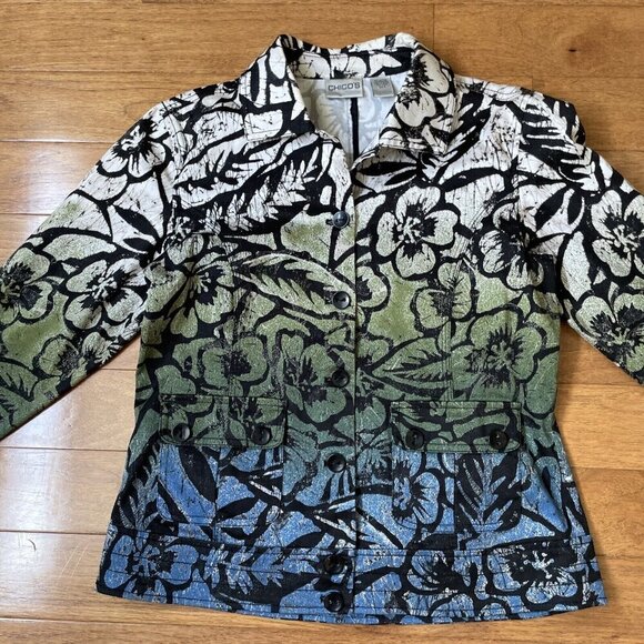 CHICO’S Women's Ombre Floral Jacket Sz S (0) Multicolor Stretch Denim Button Up - Picture 8 of 12
